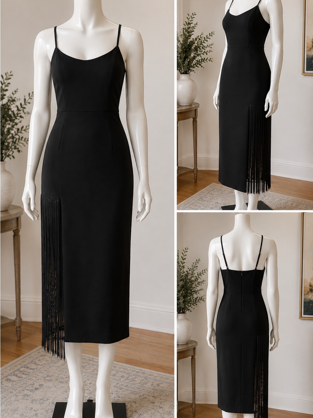 Dress the Population Black Fringe Midi Dress with Spaghetti Straps